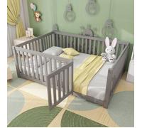 Lit enfant 140 x 200 cm cadre de lit avec barrière et porte, Lit au sol Sans sommier à lattes, Gris