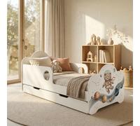 Lit enfant 140 x 70 cm avec matelas, tiroir de rangement et barrière de sécurité, blanc, ours en peluche, espace, autocollants colorés