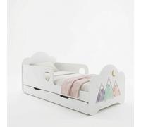 Lit enfant 140 x 70 cm avec matelas, tiroir de rangement et barrière de sécurité, blanc, ours en peluche, espace, autocollants colorés