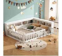 Lit enfant 140x190 cm avec prise USB, rangement latéral et barrière escamotable, panneaux de particules blanc