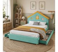 Lit enfant 140x200 cm avec 4 tiroirs, lit-cabane double avec sommier à lattes, lit capitonné avec espace de rangement et tête de lit en forme de maison, en velours, couleur verte