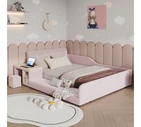 Lit enfant 140x200 cm avec bureau et tabouret, lit plateforme double avec barrière de sécurité, lit en bois avec sommier à lattes, velours, rose