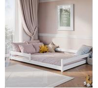 Lit enfant 140x200 cm - Lit au sol - Lit avec barrière de sécurité & sommier - Lit Montessori - Lit simple en bois de pin - Blanc