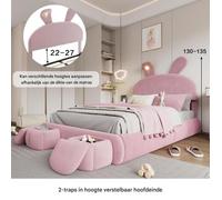 Lit enfant 140x200 cm - oreilles de lapin avec bandes lumineuses de couleurs chaudes et 2 tabourets de rangement - velours - rose