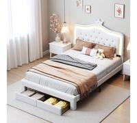 Lit enfant 140x200 cm rembourré, tête de lit réglable, 2 tiroirs, forme de couronne avec LED, style princesse, blanc (sans matelas)