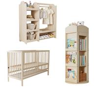 Lit enfant 140x60 cm, armoire et bibliothèque rotative avec rangement, bois, Naturelle