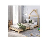 Lit enfant LIZ tête de lit en forme de maison, Lit au sol Montessori, Pour couchage 90 x 200 cm bois de pin massif, Coloris naturel