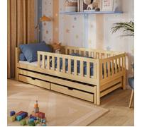 Lit d'enfant avec lit gigogne et deux tiroirs, protection contre les chutes et sommier à lattes, lit d'enfant | Autres dimensions : 80x160, 80x180, 90x200cm | 90x190cm : de 4 à 13 ans, naturel