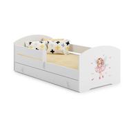 Lit d'enfant 70x140 cm avec matelas et tiroir, protection contre les chutes & sommier à lattes en blanc avec motif princesse Lit complet Lit d'adolescent Lit simple en bois