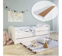 Lit enfant 70x140 cm - Matelas inclus - Lit simple avec tiroir de rangement et barrière de lit - Structure de lit - Blanc
