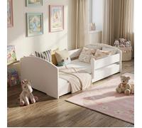 Lit enfant 70x140 cm Montessori - Avec matelas - Sommier inclus - Barrière de sécurité - Lit au sol - Blanc LEO