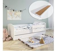 Lit d'enfant 80x160 cm avec matelas et tiroir, protection contre les chutes & sommier à lattes en blanc Lit complet Lit d'adolescent Lit simple en bois Garçon Fille