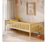 Lit enfant 80x180 cm - Avec sommier et barrière de lit - Lit simple - Structure en bois de pin - Naturel