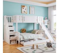 Lit Enfant 90/120x200 avec tiroirs et Toboggan et escalier de Rangement,lit superposé Enfant avec Garde-Corps,lit Mezzanine 2 Places,Multifonctionnel,Bois Massif,sans Matelas (Blanc-03W, 90x200cm)