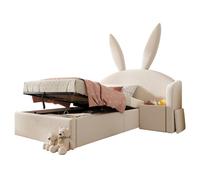 Lit enfant 90/200 cm beige en velours avec chevet réversible et rangement