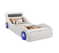 Lit enfant 90/200 cm blanc en PU et MDF avec roues lumineuses et rangement