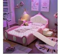 Lit enfant 90×200 cm, lit fille avec LED, toboggan, escalier, sommier à lamelles, motif couronne - rose