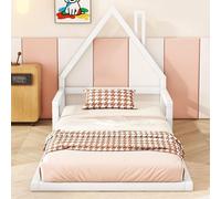 Lit enfant 90*200cm, lit plat, forme maison, pin massif, forme simple, blanc