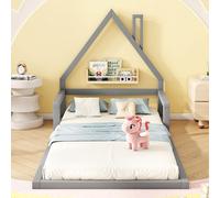 Lit enfant 90*200cm, lit plat, forme maison, pin massif, forme simple, gris