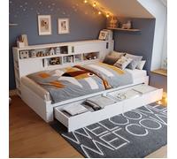 Lit enfant 90 x 190 cm avec 2 tiroirs étagère et armoire de rangement Canapé-lit multifonctionnel Lit simple Blanc