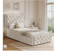 Lit enfant 90 x 200 cm AESVAR avec sommier a lattes, coffre hydraulique, velours beige