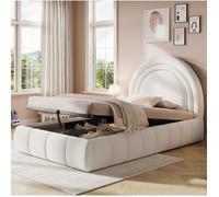 Lit enfant 90 x 200 cm EVRYAE avec coffre hydraulique, sommier à lattes et tête de lit bouclette beige