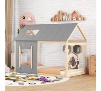 Lit enfant 90 x 200 cm, lit enfant en forme de maison, lit simple plat avec toit et fenêtre, naturel + gris