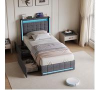 Lit enfant 90 x 200 cm, Lit simple 90x200 cm avec sommier, Structure de Lit 90x200 cm, 2 tiroirs et Lumières LED, Lit adolescents