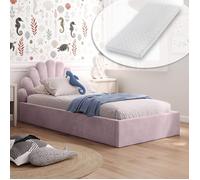 Lit enfant 90x200 avec coffre - Matelas + sommier inclus - Lit hydraulique - Tête de lit coquillage - De 4 à 18 ans - Velours rose