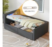 Lit enfant 90x200 avec LED, veilleuse, USB, étagère, rangement hydraulique, velours gris