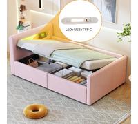 Lit enfant 90x200 avec LED, veilleuse, USB, étagère, rangement hydraulique, velours rose