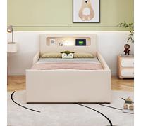 Lit enfant 90x200 avec veilleuse, USB, niches, côtés surélevés, similicuir, beige