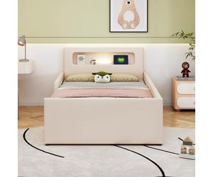 Lit enfant 90x200 avec veilleuse, USB, niches, côtés surélevés, similicuir, beige