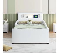 Lit enfant 90x200 avec veilleuse, USB, niches, côtés surélevés, similicuir, blanc