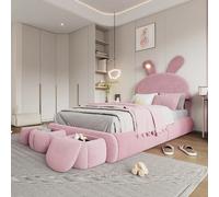 Lit enfant 90x200 cm, avec 2 poufs de rangement et LED, en tissu, rose