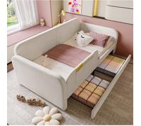 Lit enfant 90x200 cm avec 2 tiroirs, 3 poches de rangement, côtés surélevés et sommier métal, velours blanc