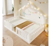 Lit enfant 90x200 cm avec barrière de sécurité, lit-cabane avec toit, lit à châssis bas, lit de jeu avec protection anti-chute, lit simple en bois sans sommier, blanc