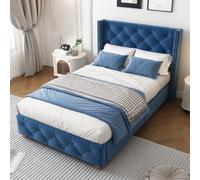 Lit enfant 90x200 cm avec boutons et clous décoratifs, en velours, bleu