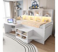 Lit enfant 90x200 cm avec bureau et prises, lit superposé pour enfant avec armoire et étagère, lit convertible en canapé, lit simple en bois avec tête de lit en similicuir, blanc
