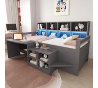 Lit enfant 90x200 cm avec bureau et prises, lit superposé pour enfant avec armoire et étagère, lit convertible en canapé, lit simple en bois avec tête de lit en similicuir, couleur gris