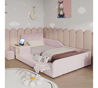 Lit enfant 90x200 cm avec bureau et tabouret, lit plateforme simple avec barrière de sécurité, lit en bois avec sommier à lattes, velours, rose