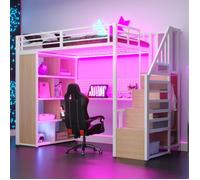 Lit Enfant 90x200 cm avec éClairage LED Lit Simple avec Armoire et Bureau Lit Mezzanine en MéTal Lit 1 Personne Blanc