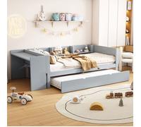 Lit Enfant 90x200 cm avec Lit Gigogne Bureau Intégré et 3 Étagères Latérales en Pin et MDF Gris
