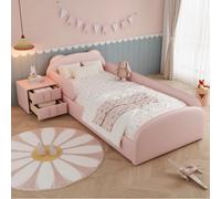 Lit enfant 90x200 cm avec table de chevet assortie, en bois, rose, sans matelas