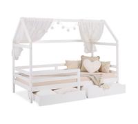 Lit Enfant 90x200 cm Blanc Lit cabane avec barrière de protection et tiroir de lit Montessori Lit simple avec sommier Bois