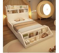 Lit enfant - 90x200 cm - Bois blanc - Tête de lit tablette & lampes aimantées - Étagère amovible