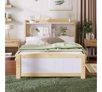 Lit Enfant 90x200 cm Bois Massif, Matelas Ressorts Inclus, Rangements, Naturel Blanc