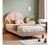 Lit enfant 90x200 cm - COZY - Velours rose - Tête de lit réglable - 150 kg de charge - 12 lattes en bois