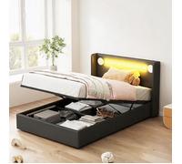 Lit enfant 90x200 cm cuir PU black-toned avec LED, Bluetooth, USB et coffre hydraulique