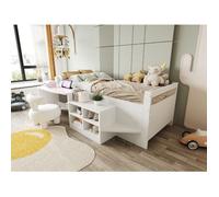 Lit enfant 90x200 cm en bois blanc avec bureau intégré, rangements, prises USB et marche